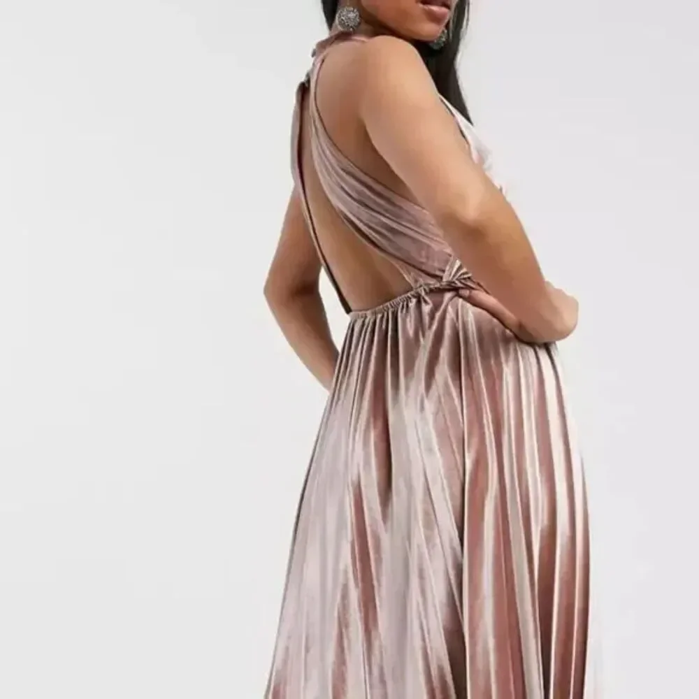 ASOS High Neck Pleated Champaign Pink Formal Maxi Dress Velvet Size 8 Chic Glam - Picture 3 of 16